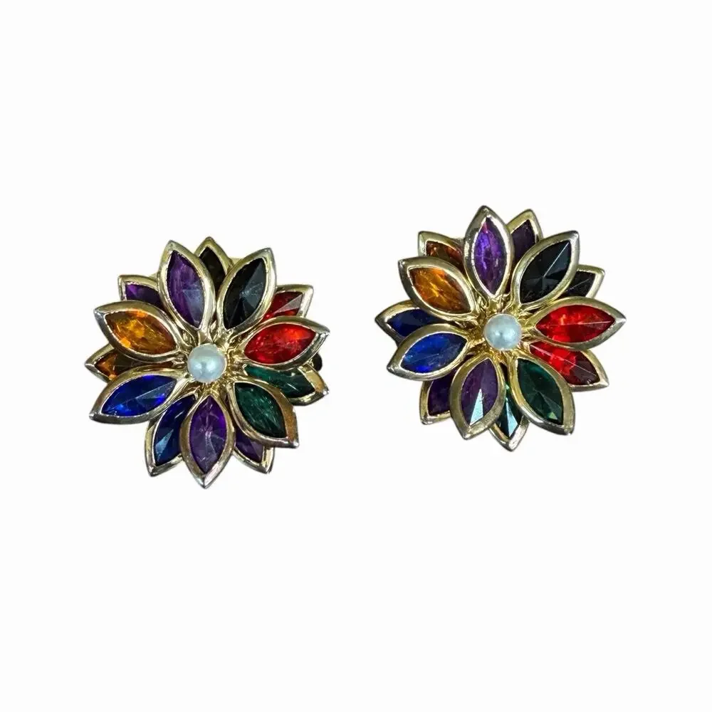 Vintage Multicolor Marquise Rhinestone Flower Earrings Faux Pearl Gold Tone